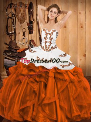 Strapless Sleeveless Satin and Organza Sweet 16 Dresses Embroidery and Ruffles Lace Up