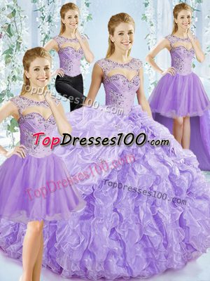 Fantastic Sleeveless Organza Brush Train Lace Up Ball Gown Prom Dress in Lavender with Beading and Ruffled Layers