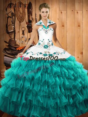 Graceful Turquoise Quinceanera Dresses Military Ball and Sweet 16 and Quinceanera with Embroidery and Ruffled Layers Halter Top Sleeveless Lace Up