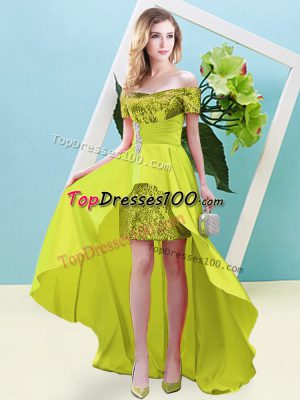 Empire Prom Gown Yellow Off The Shoulder Elastic Woven Satin and Sequined Short Sleeves High Low Lace Up