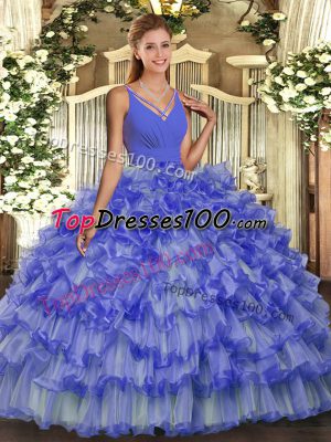 Unique Sleeveless Organza Floor Length Backless Ball Gown Prom Dress in Lavender with Ruffled Layers