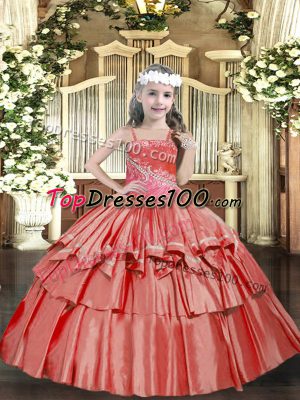 Coral Red Ball Gowns Straps Sleeveless Organza Floor Length Lace Up Beading and Ruffled Layers Evening Gowns