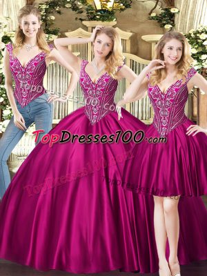 Unique Fuchsia Three Pieces Tulle V-neck Sleeveless Beading Floor Length Lace Up Quinceanera Dress