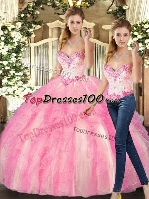 Rose Pink Sleeveless Organza Lace Up Vestidos de Quinceanera for Military Ball and Sweet 16 and Quinceanera