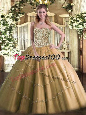 Glorious Brown Ball Gowns Sweetheart Sleeveless Tulle Floor Length Lace Up Beading Quinceanera Gown