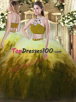 Captivating Multi-color High-neck Neckline Beading and Ruffles 15 Quinceanera Dress Sleeveless Backless