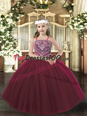 Fantastic Straps Sleeveless Little Girl Pageant Dress Floor Length Beading Burgundy Tulle