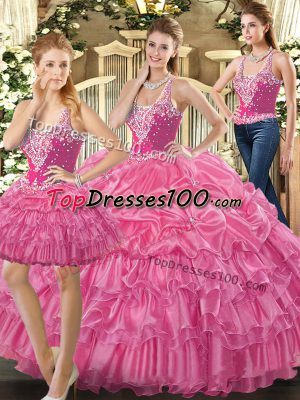 Floor Length Hot Pink Sweet 16 Quinceanera Dress Tulle Sleeveless Beading and Ruffles and Pick Ups
