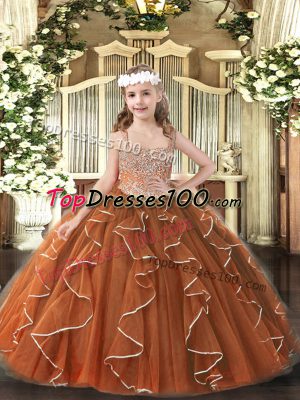 Tulle Straps Sleeveless Lace Up Beading and Ruffles Kids Formal Wear in Brown