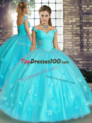 Most Popular Aqua Blue Sleeveless Floor Length Beading and Appliques Lace Up Ball Gown Prom Dress