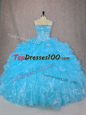 Ball Gowns Sweet 16 Dress Blue Strapless Organza Sleeveless Floor Length Lace Up