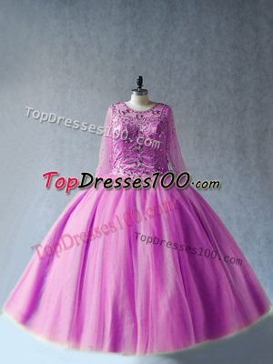 Latest Scoop Long Sleeves Quinceanera Gowns Floor Length Beading Lilac Tulle