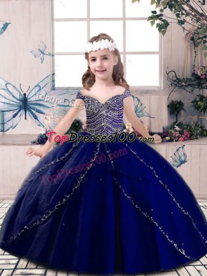 Blue Ball Gowns Tulle Straps Sleeveless Beading Floor Length Lace Up Kids Formal Wear