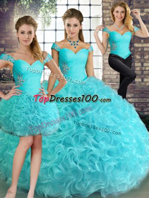 High Class Off The Shoulder Sleeveless Lace Up Sweet 16 Dresses Aqua Blue Fabric With Rolling Flowers