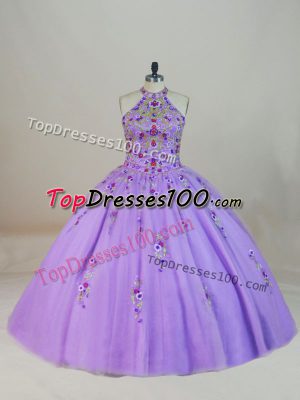 Cute Tulle Halter Top Sleeveless Brush Train Lace Up Beading and Embroidery Sweet 16 Dresses in Lavender