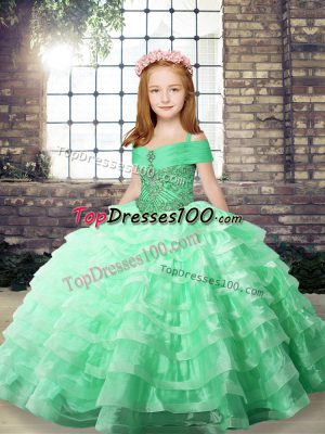 Latest Apple Green Sleeveless Floor Length Beading and Ruffled Layers Lace Up Pageant Gowns For Girls