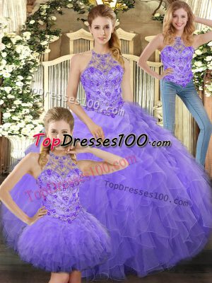 Great Three Pieces Sweet 16 Quinceanera Dress Lavender Halter Top Tulle Sleeveless Floor Length Lace Up
