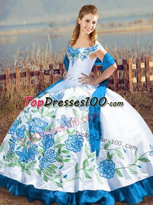Customized Floor Length Lace Up Quinceanera Dress Blue And White for Sweet 16 and Quinceanera with Embroidery