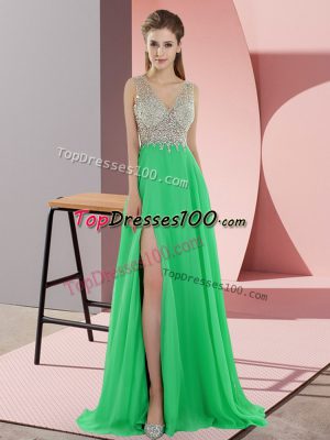 Green V-neck Zipper Beading Prom Dress Sweep Train Sleeveless