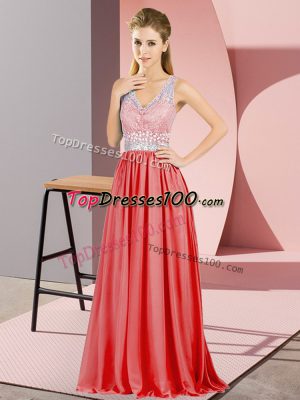 Flirting Red Empire One Shoulder Sleeveless Chiffon Floor Length Backless Beading and Lace Prom Evening Gown