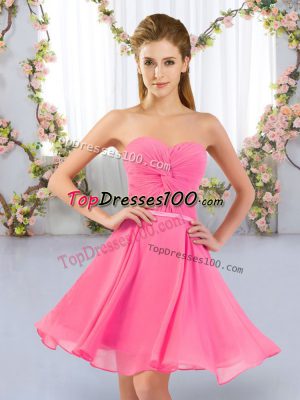 Beauteous Sleeveless Chiffon Mini Length Lace Up Damas Dress in Rose Pink with Ruching