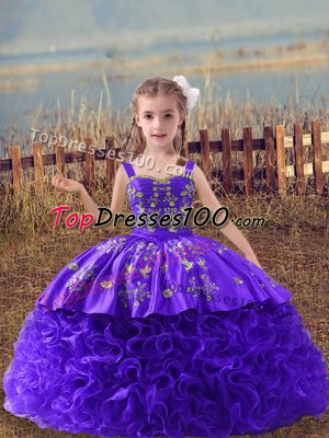 Purple Sleeveless Fabric With Rolling Flowers Sweep Train Lace Up Kids Formal Wear for Wedding Party