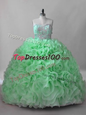 Designer Ball Gowns Sweetheart Sleeveless Fabric With Rolling Flowers Brush Train Lace Up Beading Quinceanera Gown