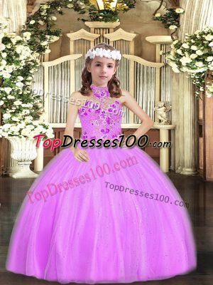 Beautiful Sleeveless Floor Length Appliques Lace Up Little Girls Pageant Dress Wholesale with Lilac