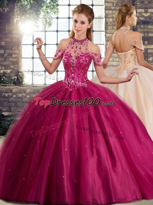 Fuchsia Ball Gowns Tulle Halter Top Sleeveless Beading Lace Up Quinceanera Dresses Brush Train