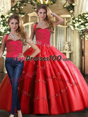 Great Two Pieces Sweet 16 Quinceanera Dress Red Halter Top Tulle Sleeveless Floor Length Lace Up