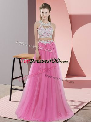 Hot Selling Sleeveless Floor Length Lace Zipper Vestidos de Damas with Rose Pink