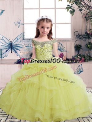 Excellent Yellow Ball Gowns Scoop Sleeveless Tulle Floor Length Lace Up Beading Little Girls Pageant Dress Wholesale