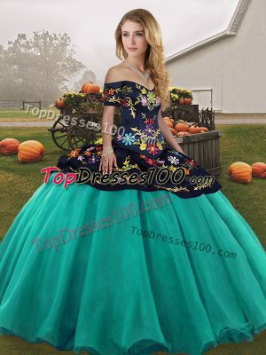 Luxury Turquoise Ball Gowns Off The Shoulder Sleeveless Tulle Floor Length Lace Up Embroidery 15 Quinceanera Dress