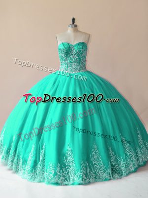 Custom Made Sleeveless Tulle Floor Length Lace Up 15th Birthday Dress in Turquoise with Embroidery