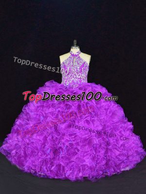 Purple Halter Top Lace Up Beading and Ruffles Quince Ball Gowns Sleeveless