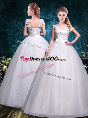 White Sleeveless Floor Length Lace and Hand Made Flower Lace Up Wedding Dresses