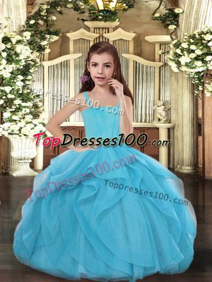Custom Design Blue Straps Lace Up Ruffles Little Girls Pageant Dress Wholesale Sleeveless