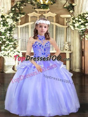 Hot Sale Ball Gowns Pageant Dress Womens Lavender Halter Top Organza Sleeveless Floor Length Lace Up