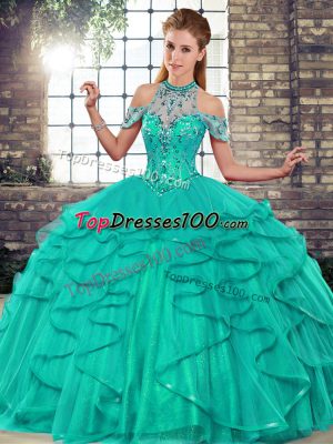 Best Turquoise Halter Top Neckline Beading and Ruffles Sweet 16 Quinceanera Dress Sleeveless Lace Up