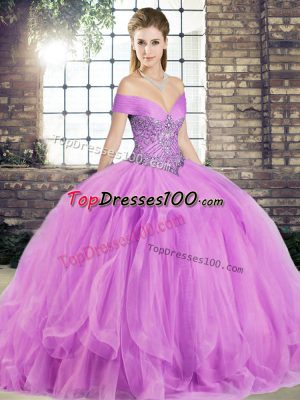 Shining Lilac Sleeveless Floor Length Beading and Ruffles Lace Up Quinceanera Dress