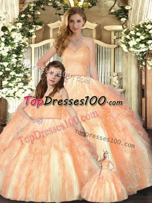 Trendy Orange Ball Gowns Sweetheart Sleeveless Organza Floor Length Lace Up Beading and Ruffles Quinceanera Gown