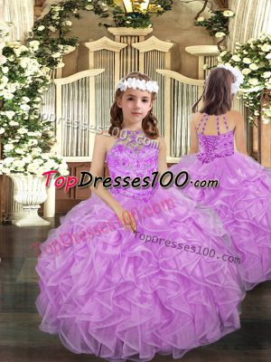 Customized Beading and Ruffles Girls Pageant Dresses Lilac Lace Up Sleeveless Floor Length