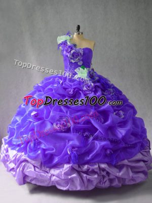 Colorful Purple Sleeveless Pick Ups and Hand Made Flower Floor Length Sweet 16 Dresses