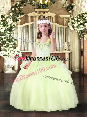Organza Straps Sleeveless Lace Up Beading Kids Formal Wear in Yellow Green