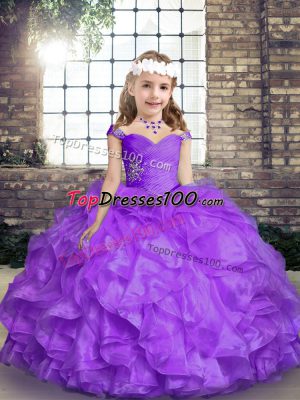 Lavender Organza Lace Up Straps Sleeveless Floor Length Little Girls Pageant Gowns Beading and Ruffles