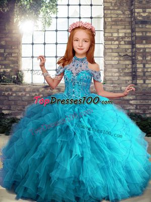 Aqua Blue Ball Gowns Halter Top Sleeveless Tulle Floor Length Lace Up Beading and Ruffles Evening Gowns