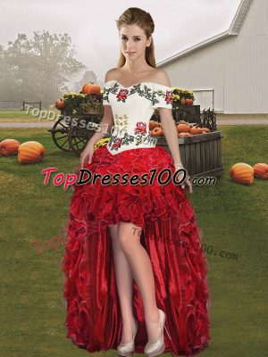 Smart Organza Off The Shoulder Sleeveless Lace Up Embroidery and Ruffles Prom Evening Gown in Red
