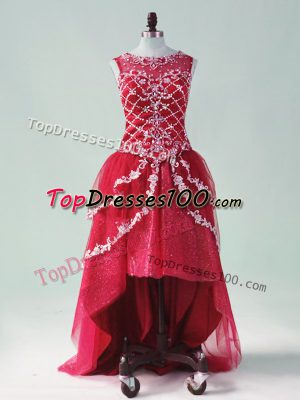 Super High Low Wine Red Celebrity Prom Dress Tulle Sleeveless Beading and Appliques