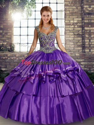 Extravagant Straps Sleeveless Lace Up Sweet 16 Quinceanera Dress Purple Taffeta