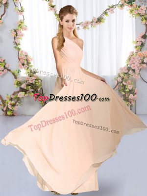 Captivating Floor Length Lace Up Dama Dress for Quinceanera Peach for Wedding Party with Ruching
